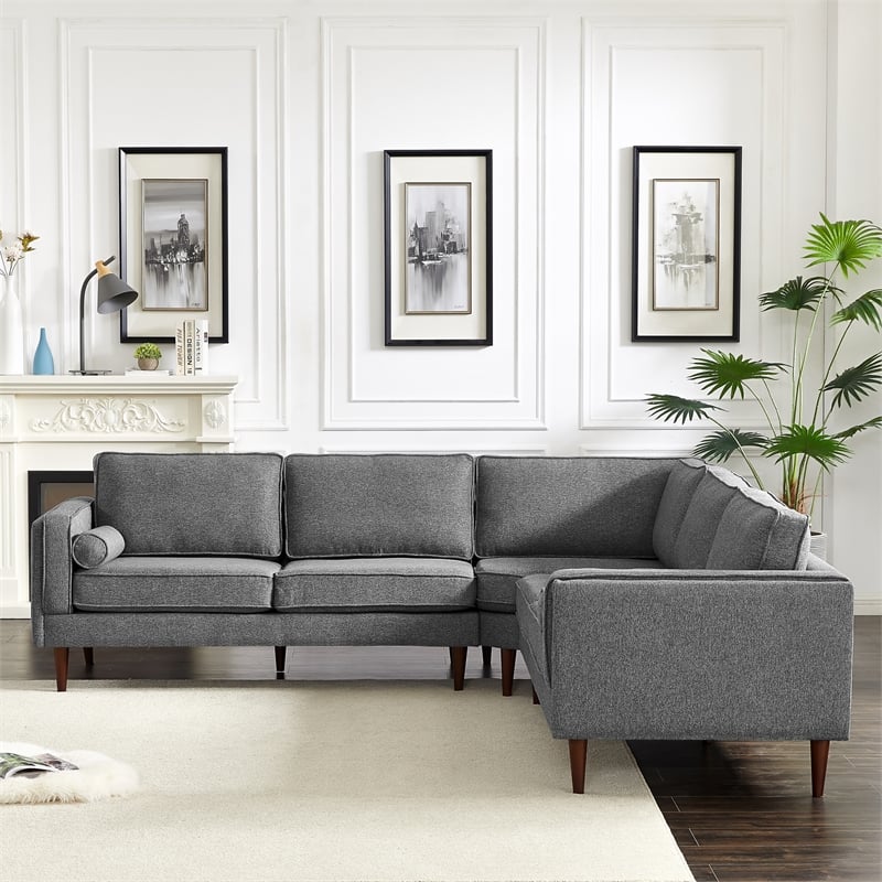 Pemberly Row Mid-Century L-Shaped Pillow Back Fabric Corner Sofa in Dark Gray