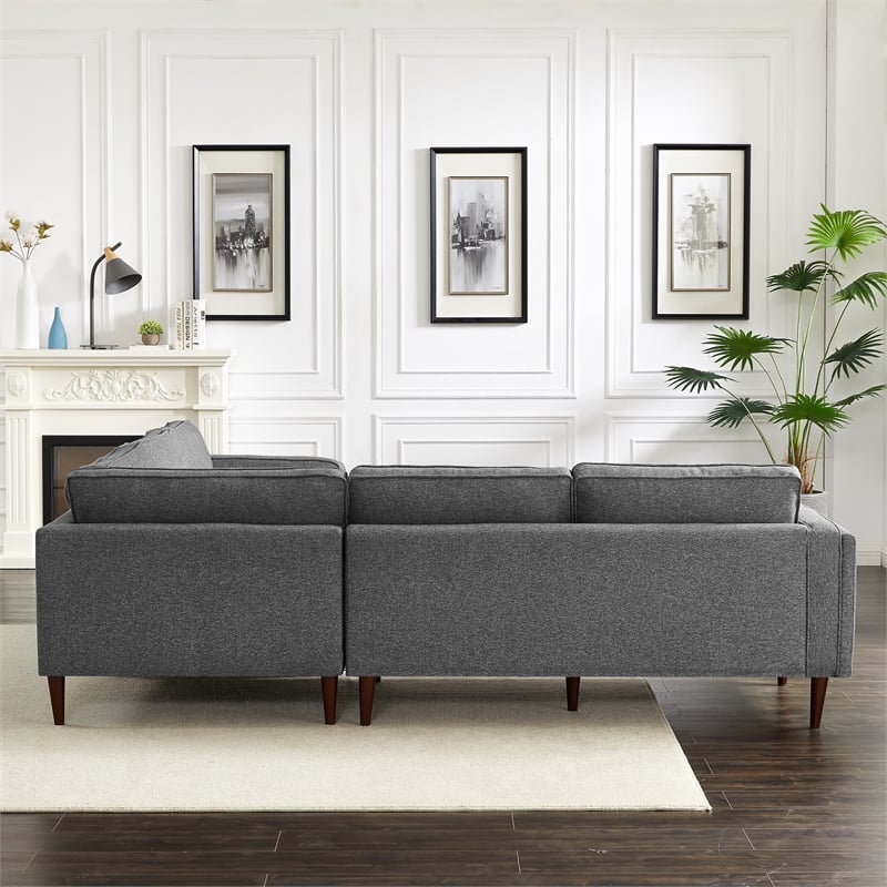 Pemberly Row Mid-Century L-Shaped Pillow Back Fabric Corner Sofa in Dark Gray