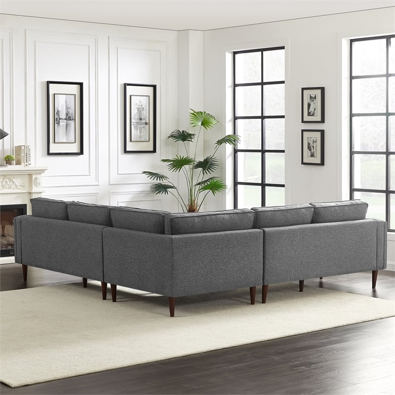 Pemberly Row Mid-Century L-Shaped Pillow Back Fabric Corner Sofa in Dark Gray