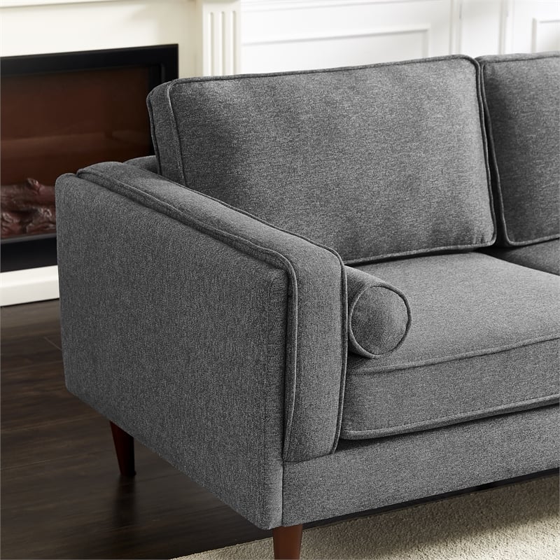 Pemberly Row Mid-Century L-Shaped Pillow Back Fabric Corner Sofa in Dark Gray