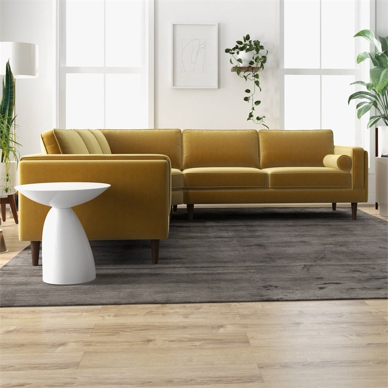 Pemberly Row Mid-Century L-Shaped Pillow Back Velvet Corner Sofa in Gold
