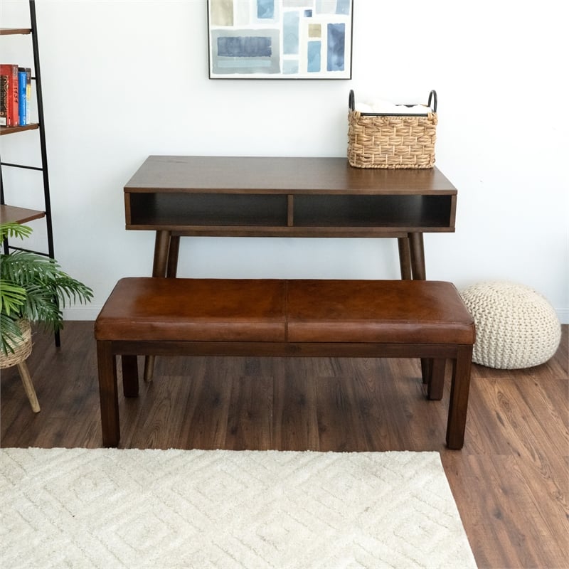 Pemberly Row Mid-Century Rectangular Genuine Leather Bench in Tan