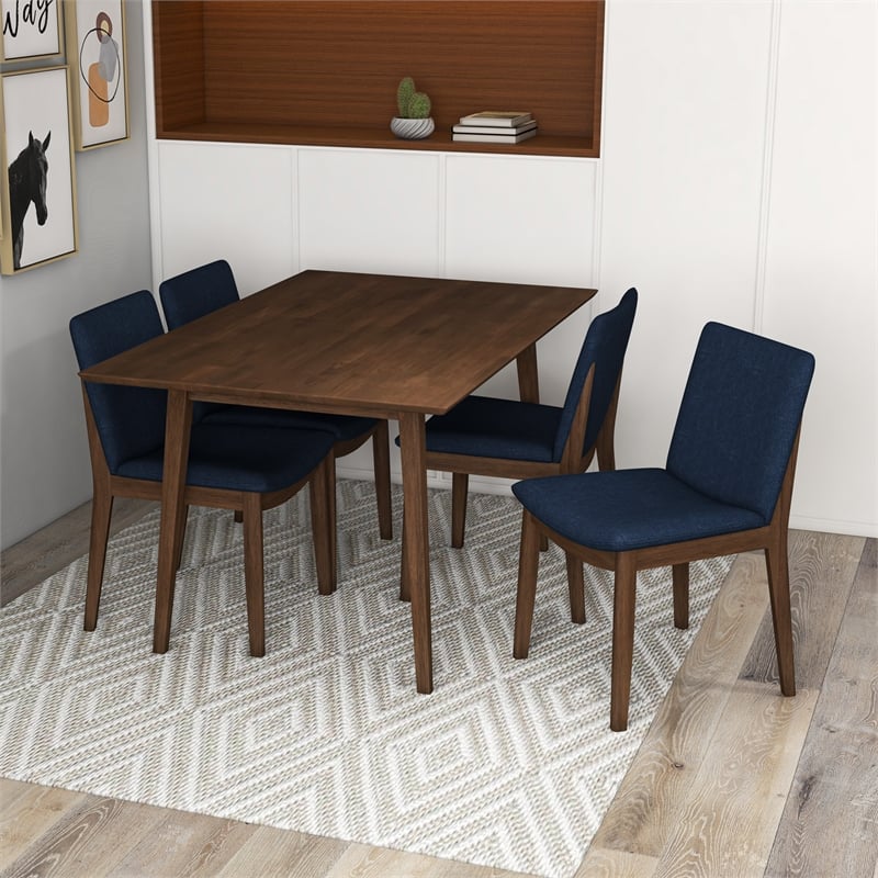 Pemberly Row 5-Piece Mid-Century Dining set w/ 4 Fabric Dining Chairs in Blue
