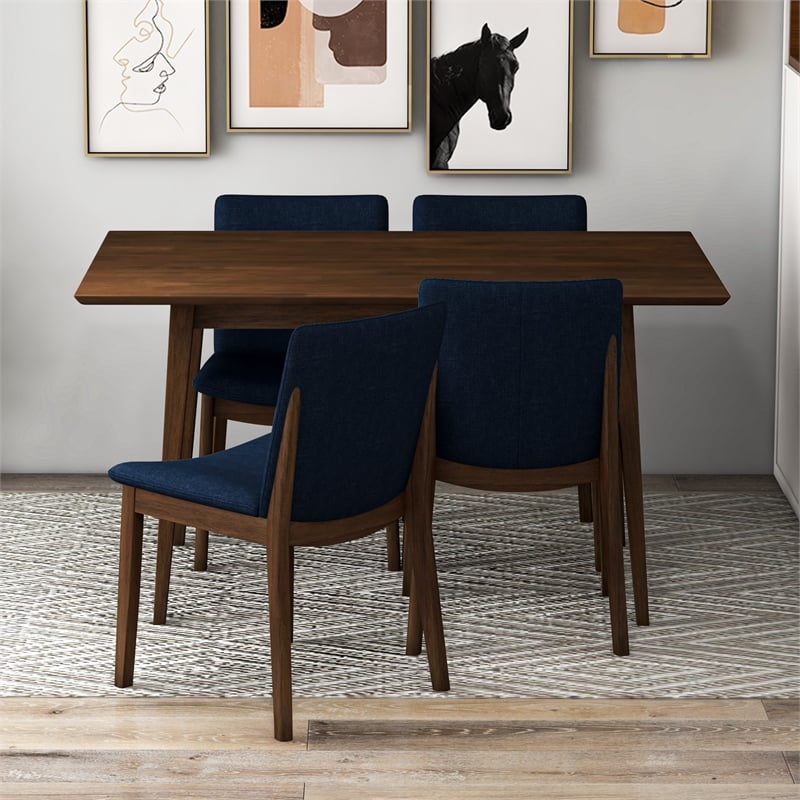 Pemberly Row 5-Piece Mid-Century Dining set w/ 4 Fabric Dining Chairs in Blue