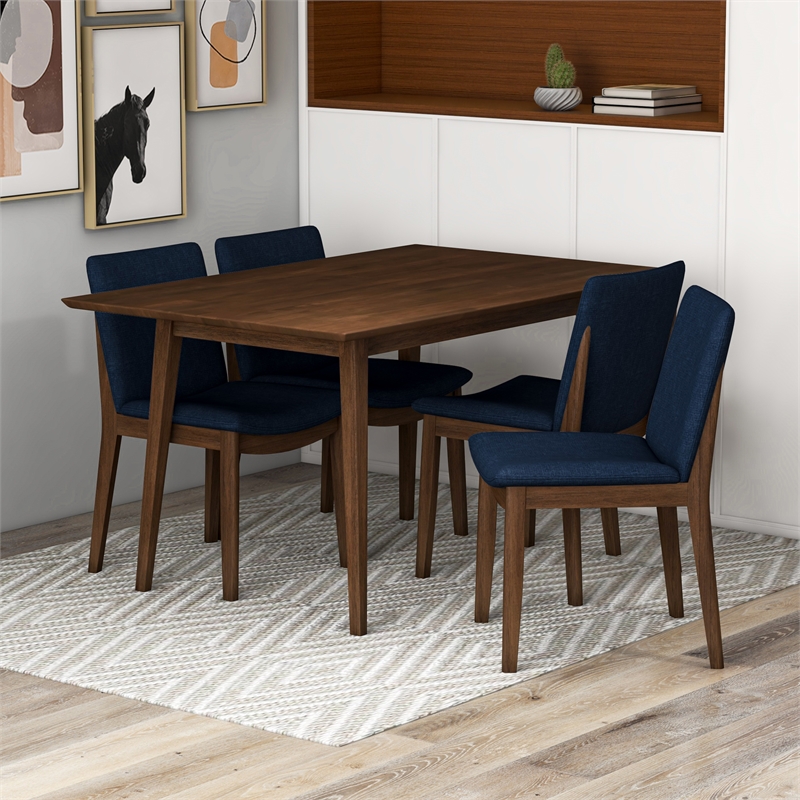 Pemberly Row 5-Piece Mid-Century Dining set w/ 4 Fabric Dining Chairs in Blue