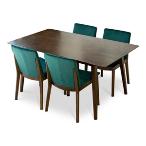 Pemberly Row 5-Piece Mid-Century Dining set w/ 4 Velvet Dining Chairs in Green