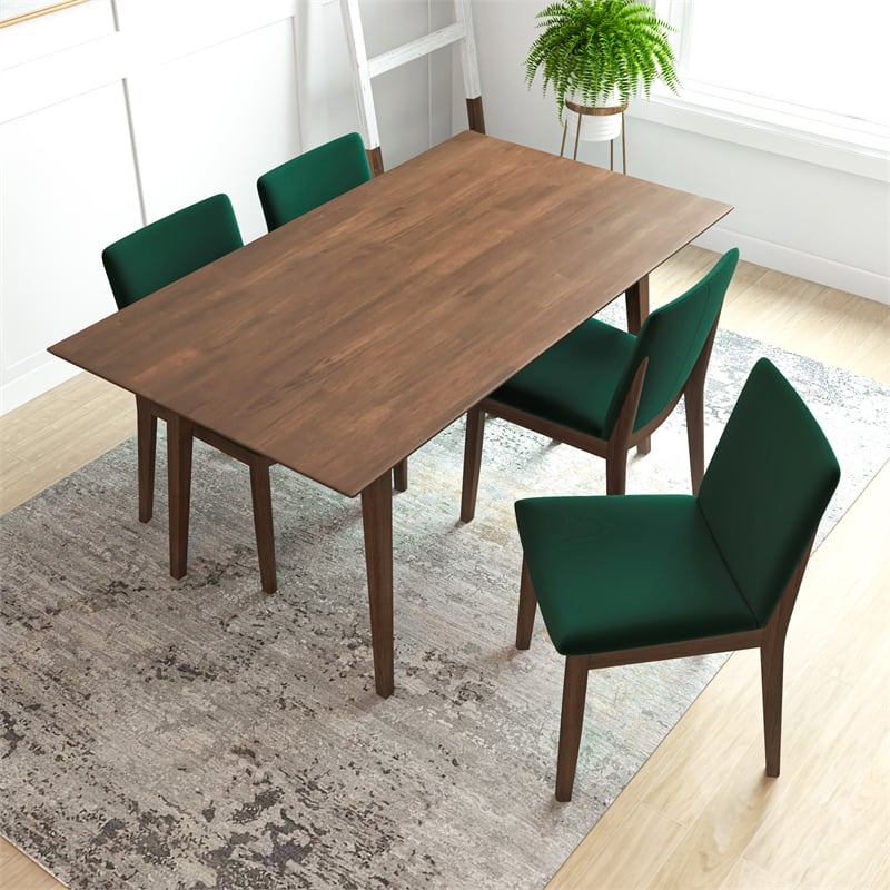 Pemberly Row 5-Piece Mid-Century Dining set w/ 4 Velvet Dining Chairs in Green