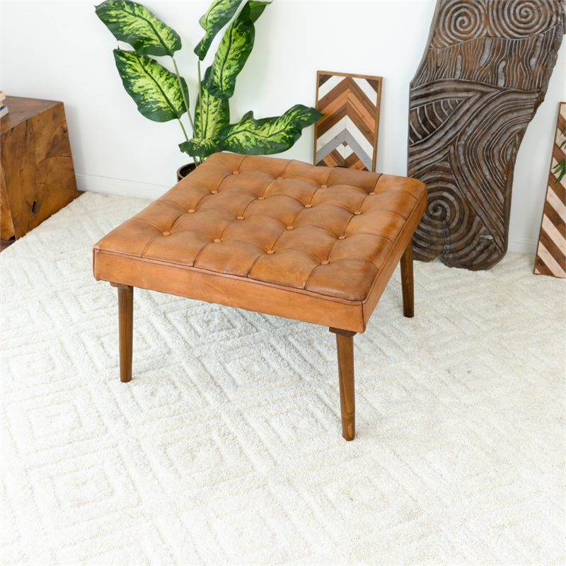 Pemberly Row Mid-Century Square Genuine Leather Ottoman in Tan