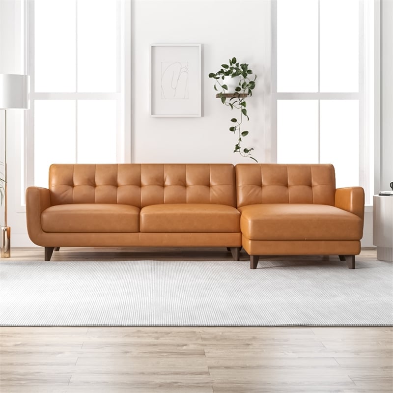 Pemberly Row L-Shaped Genuine Leather Right-Facing Sectional in Tan