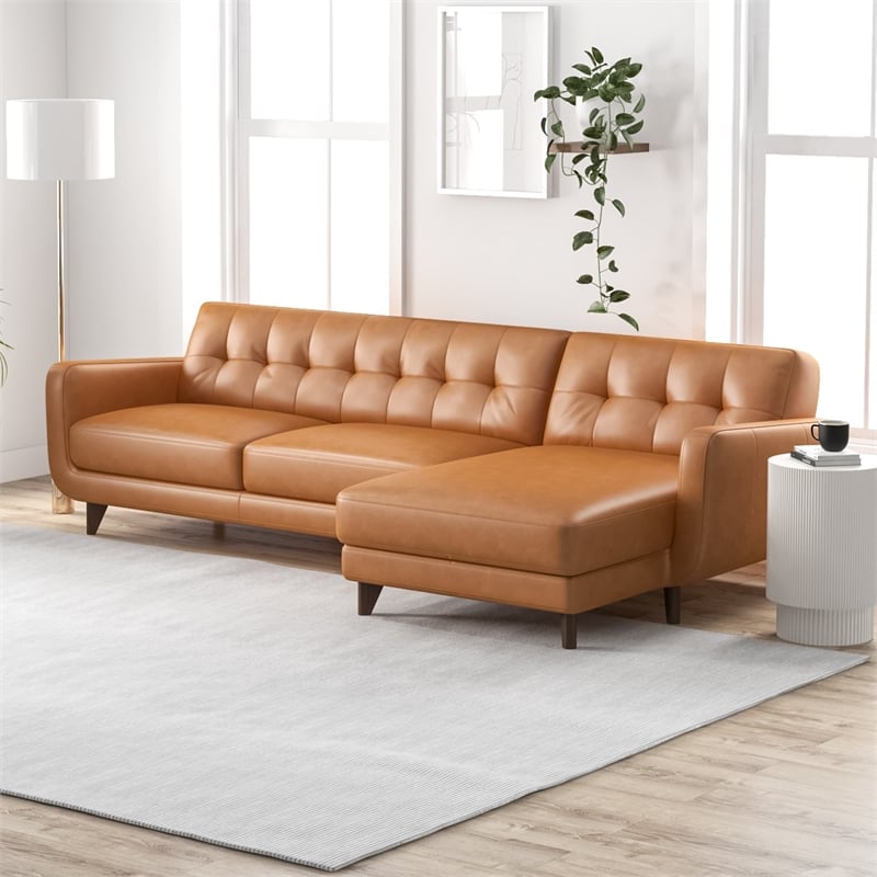 Pemberly Row L-Shaped Genuine Leather Right-Facing Sectional in Tan