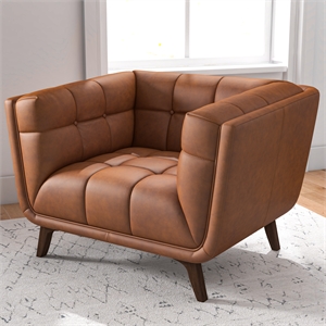 pemberly row mid-century genuine leather upholstered armchair in tan cognac