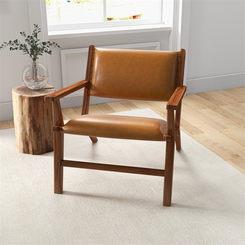 Pemberly Row Mid-Century Tight Back Genuine Leather Lounge Chair in Tan