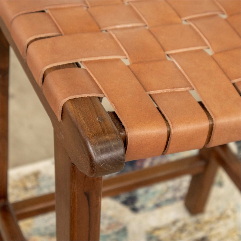 Pemberly Row Genuine Leather Upholstered Saddle Counter Stool in Tan