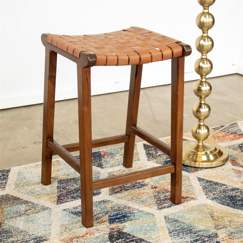 Pemberly Row Genuine Leather Upholstered Saddle Counter Stool in Tan