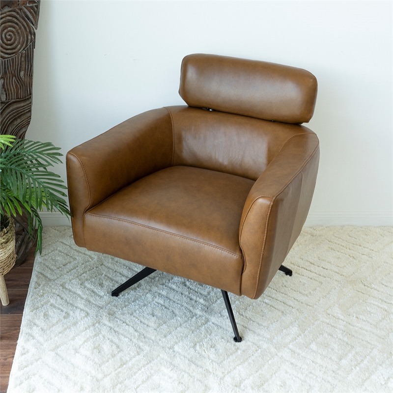 Pemberly Row Mid-Century Genuine Leather Tight Back Swivel Chair in Tan
