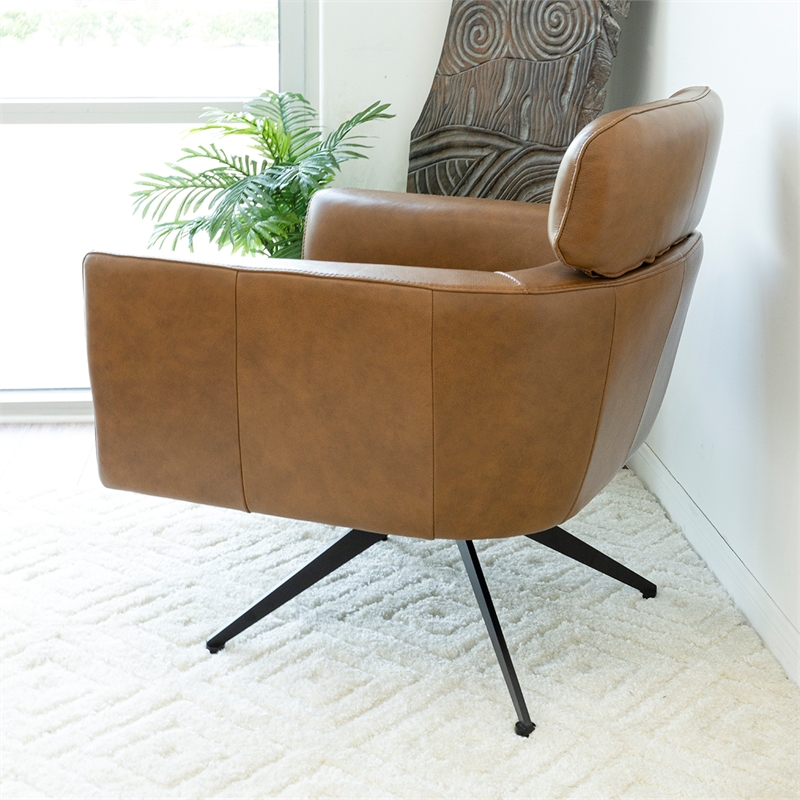 Pemberly Row Mid-Century Genuine Leather Tight Back Swivel Chair in Tan