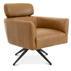 Pemberly Row Mid-Century Genuine Leather Tight Back Swivel Chair in Tan