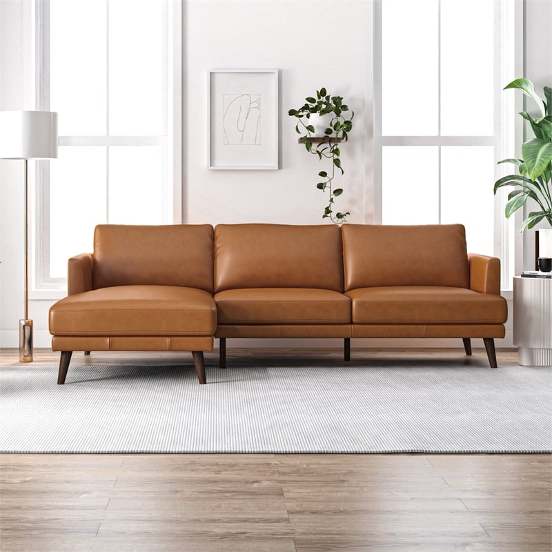 Pemberly Row Mid-Century L-Shaped Genuine Leather Left-Facing Sectional in Tan