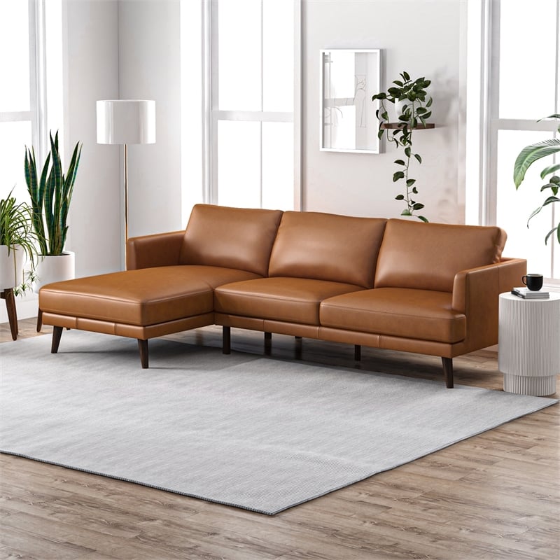 Pemberly Row Mid-Century L-Shaped Genuine Leather Left-Facing Sectional in Tan