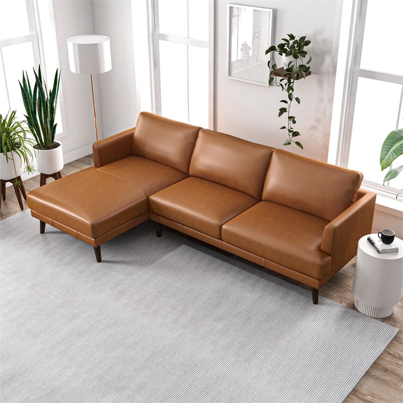 Pemberly Row Mid-Century L-Shaped Genuine Leather Left-Facing Sectional in Tan