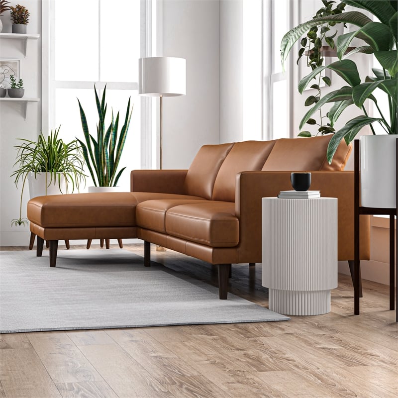 Pemberly Row Mid-Century L-Shaped Genuine Leather Left-Facing Sectional in Tan