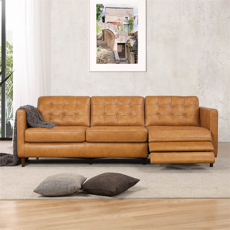 Pemberly Row Mid-Century Leather Power Right-Facing Incliner Couch in Tan