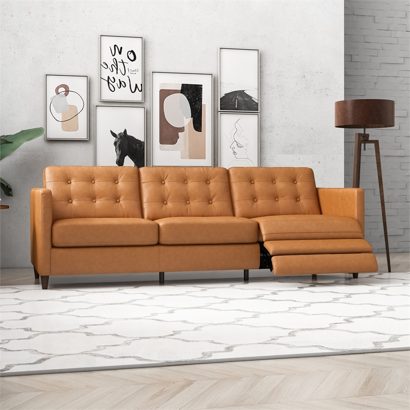 Pemberly Row Mid-Century Leather Power Right-Facing Incliner Couch in Tan