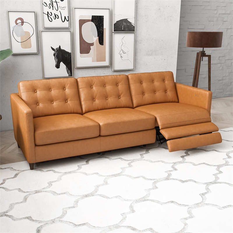 Pemberly Row Mid-Century Leather Power Right-Facing Incliner Couch in Tan