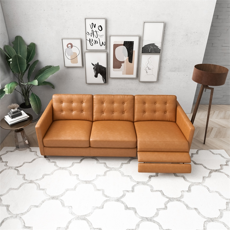 Pemberly Row Mid-Century Leather Power Right-Facing Incliner Couch in Tan