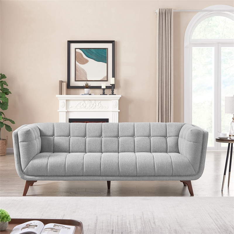 Pemberly Row Mid-Century Tufted Back Fabric Sofa in Light Gray