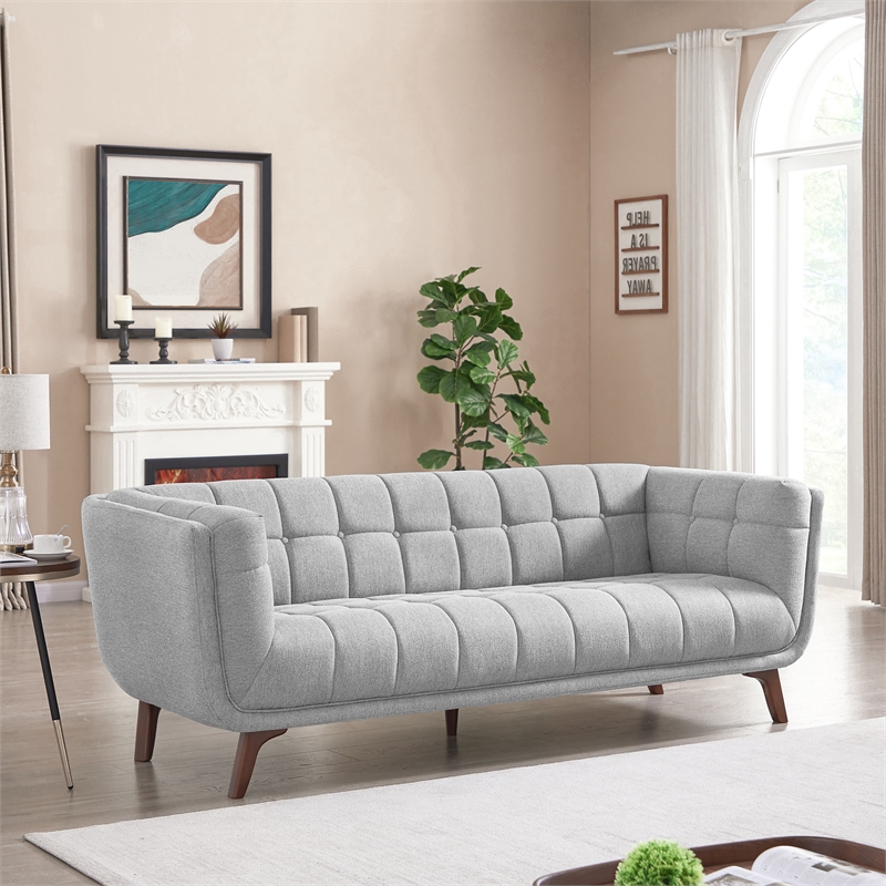 Pemberly Row Mid-Century Tufted Back Fabric Sofa in Light Gray