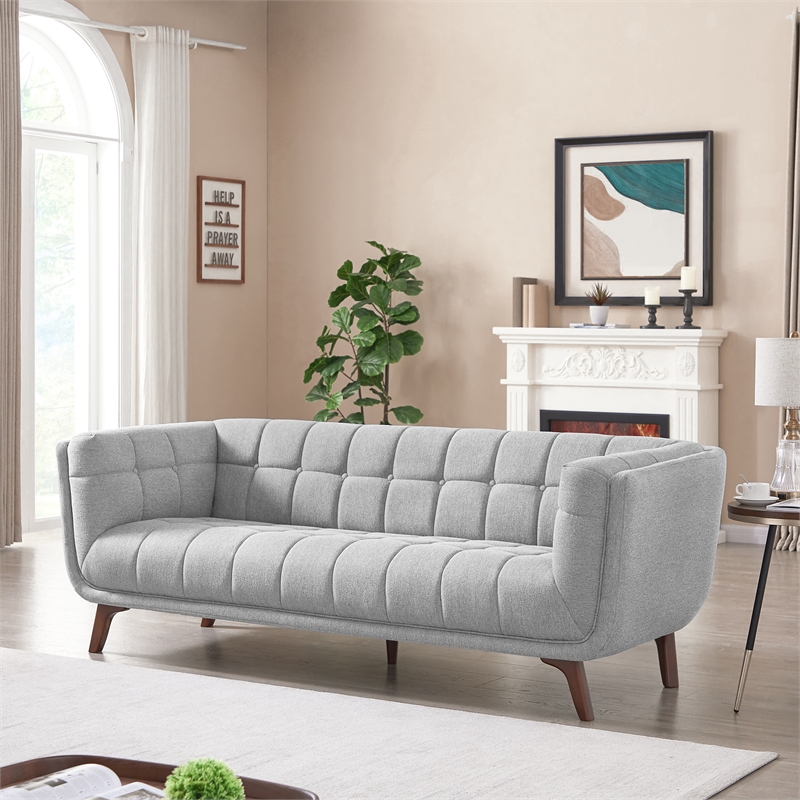 Pemberly Row Mid-Century Tufted Back Fabric Sofa in Light Gray
