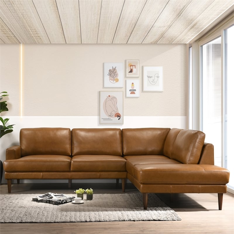 Pemberly Row Mid-Century Genuine Leather L-Shaped Right-Facing Sectional in Tan
