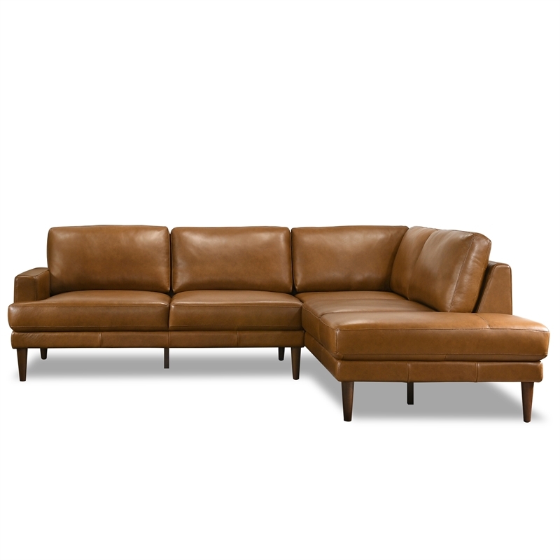 Pemberly Row Mid-Century Genuine Leather L-Shaped Right-Facing Sectional in Tan