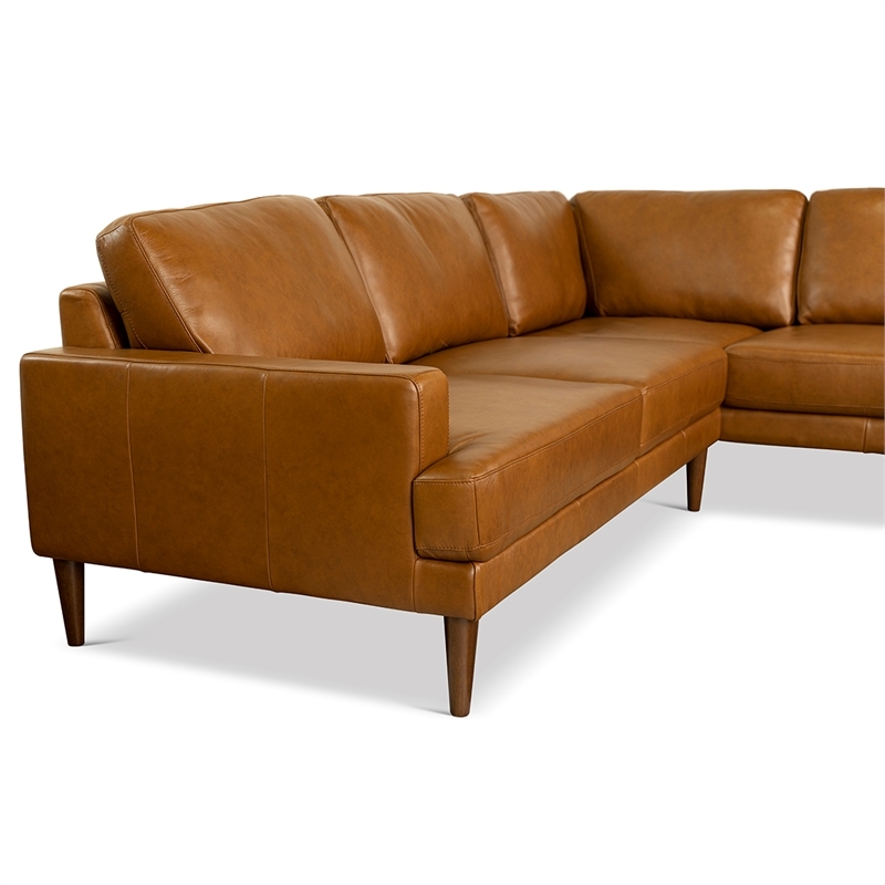 Pemberly Row Mid-Century Genuine Leather L-Shaped Right-Facing Sectional in Tan