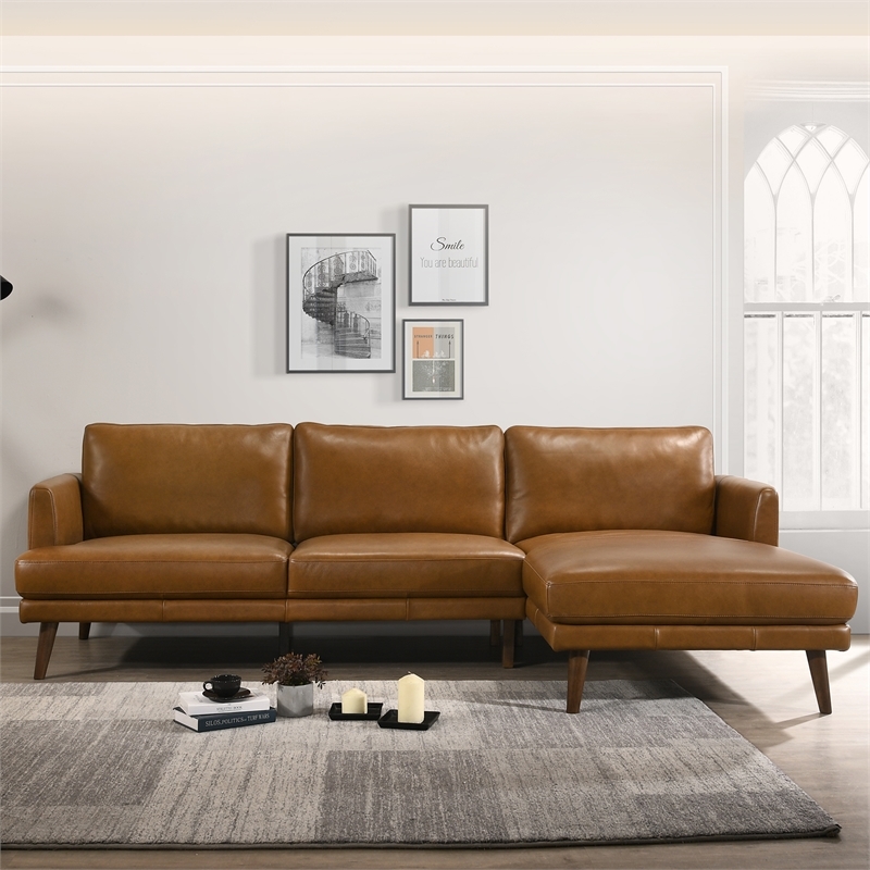 Pemberly Row Mid-Century Genuine Leather Right-Facing Sectional in Tan