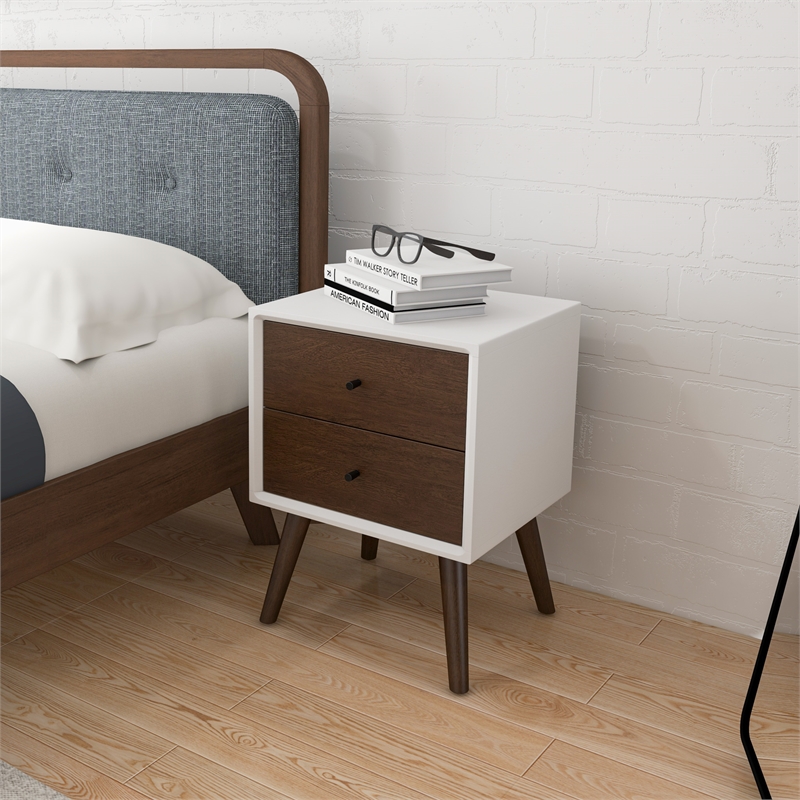 Pemberly Row Mid-Century Solid Wood 2-drawer Nightstand in White