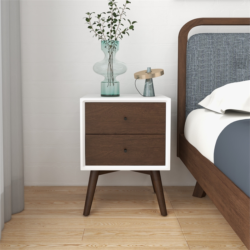 Pemberly Row Mid-Century Solid Wood 2-drawer Nightstand in White