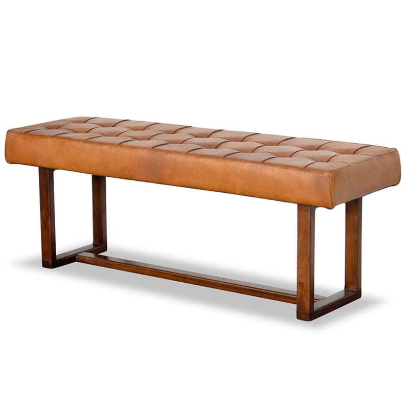 Pemberly Row Mid-Century Button-Tufted Genuine Leather Upholstered Bench in Tan