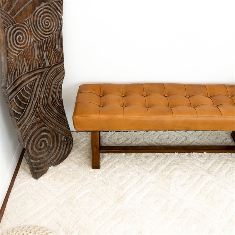 Pemberly Row Mid-Century Button-Tufted Genuine Leather Upholstered Bench in Tan
