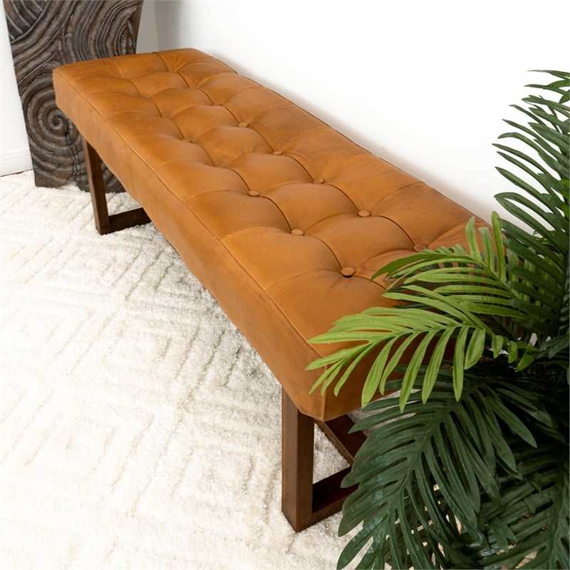 Pemberly Row Mid-Century Button-Tufted Genuine Leather Upholstered Bench in Tan