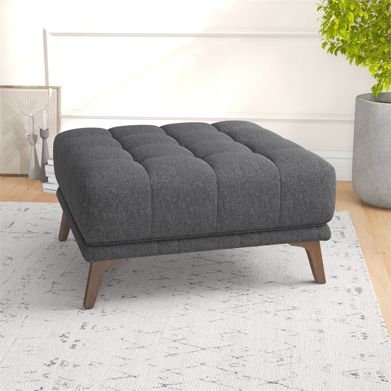 Pemberly Row Mid-Century Solid Wood Ottoman with Dark Gray Fabric