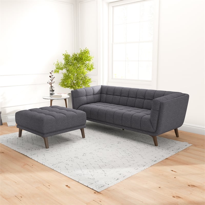 Pemberly Row Mid-Century Solid Wood Ottoman with Dark Gray Fabric
