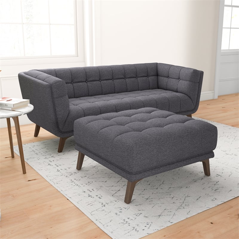 Pemberly Row Mid-Century Solid Wood Ottoman with Dark Gray Fabric