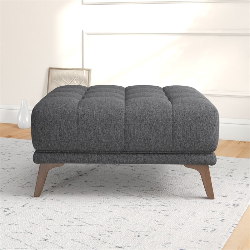 Pemberly Row Mid-Century Solid Wood Ottoman with Dark Gray Fabric
