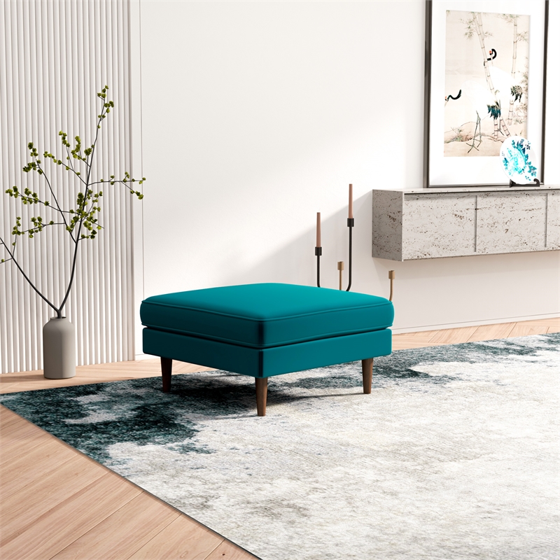 Pemberly Row Mid-Century Modern Square Velvet Ottoman in Teal