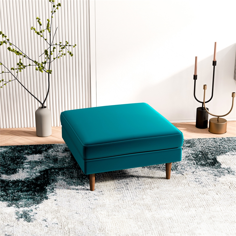 Pemberly Row Mid-Century Modern Square Velvet Ottoman in Teal
