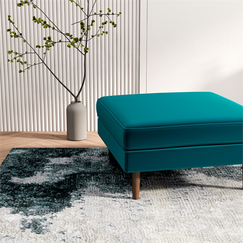 Pemberly Row Mid-Century Modern Square Velvet Ottoman in Teal