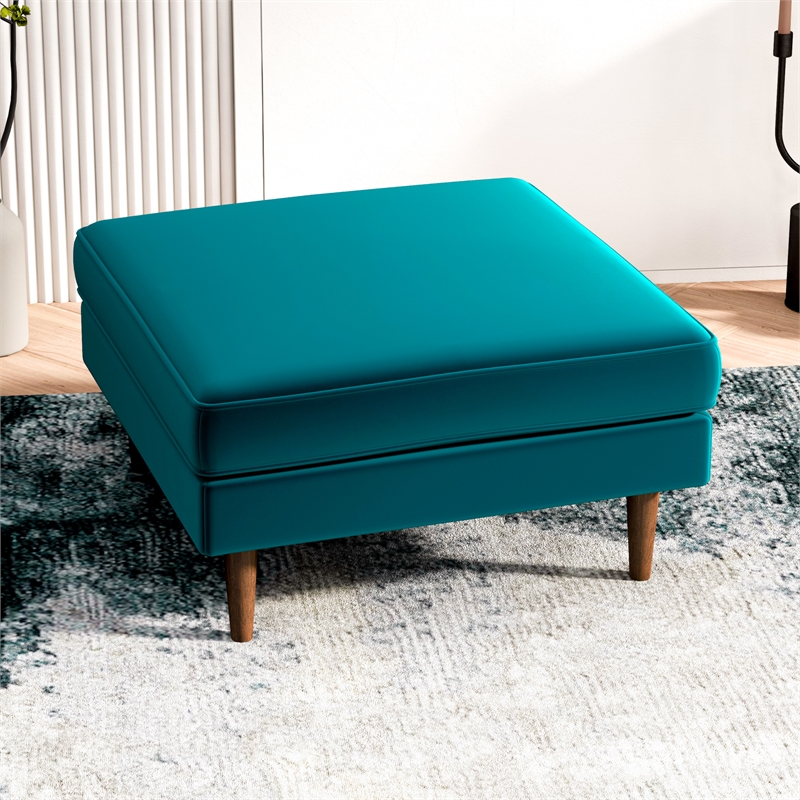 Pemberly Row Mid-Century Modern Square Velvet Ottoman in Teal