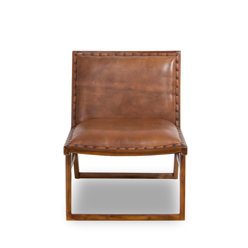 Pemberly Row Tight Back Genuine Leather Upholstered Lounge Chair in Tan